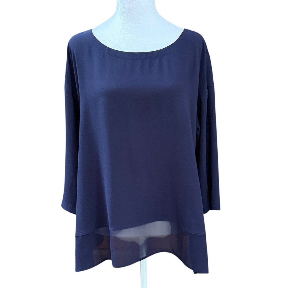 Eileen Fisher Silk Blouse Womens M Navy Blue Sheer Hem Top Capsule Minimalist